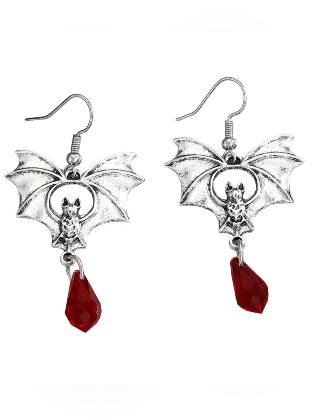 Red Crystal Silver Tone Bat Dangle Earrings Halloween Gothic Vampire Jewelry NEW